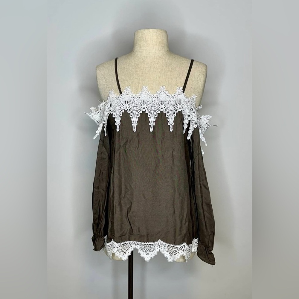 L&A Fashion: Khaki Off-Shoulder Top with White Lace Trim